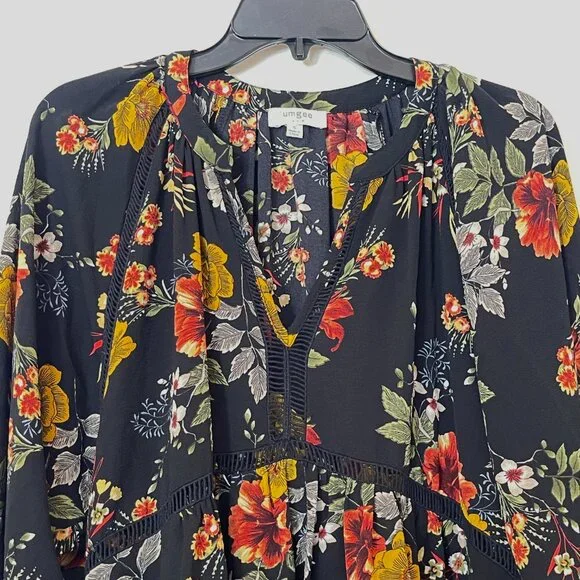 Umgee Small Dress Tunic Black Fall Summer Floral Boho Babydoll - Picture 3 of 6